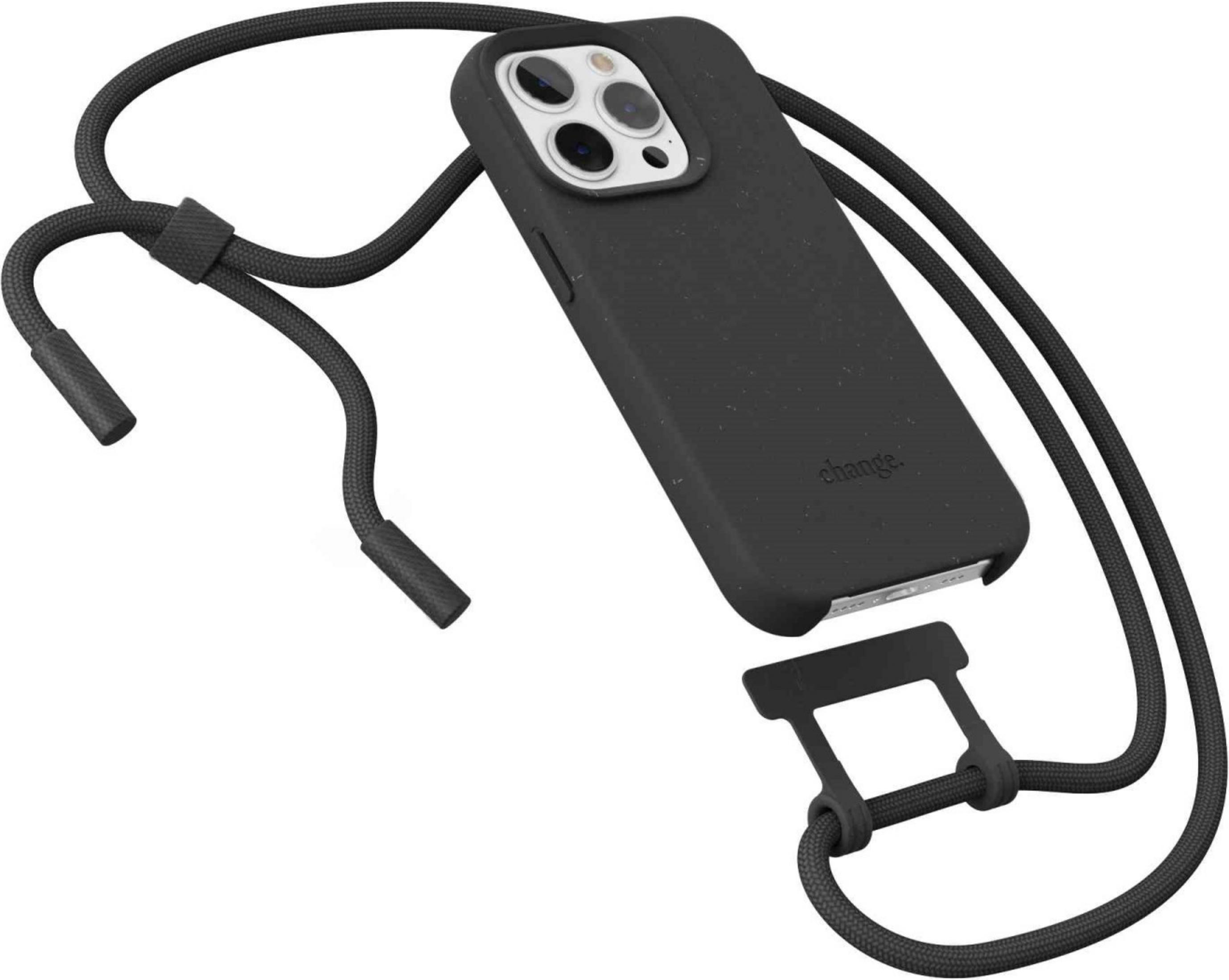 Eine schwarze iPhone-Hülle mit einer gewebten Handschlaufe an einem schwarzen Stecker.