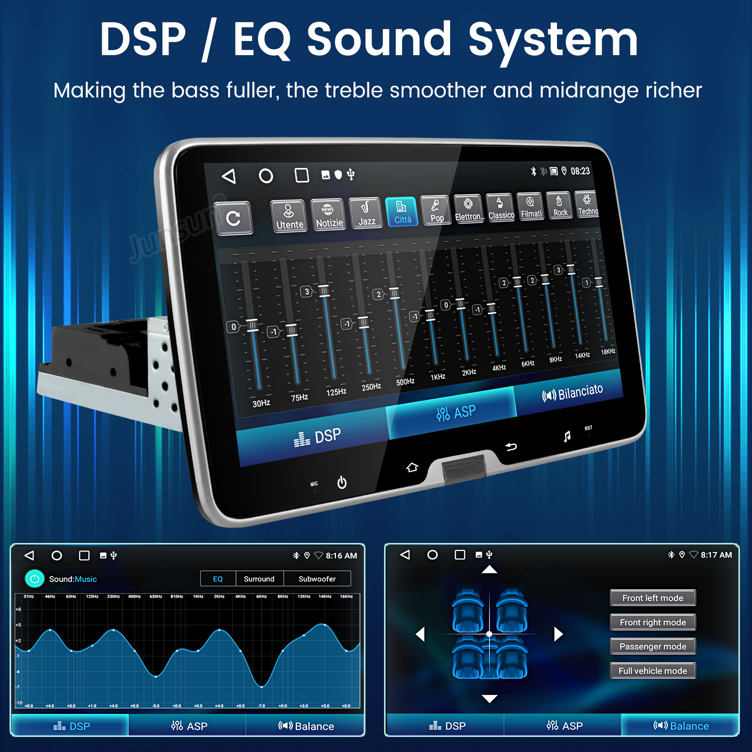 Un sistema de infoentretenimiento para automóvil que muestra ajustes de EQ y DSP.