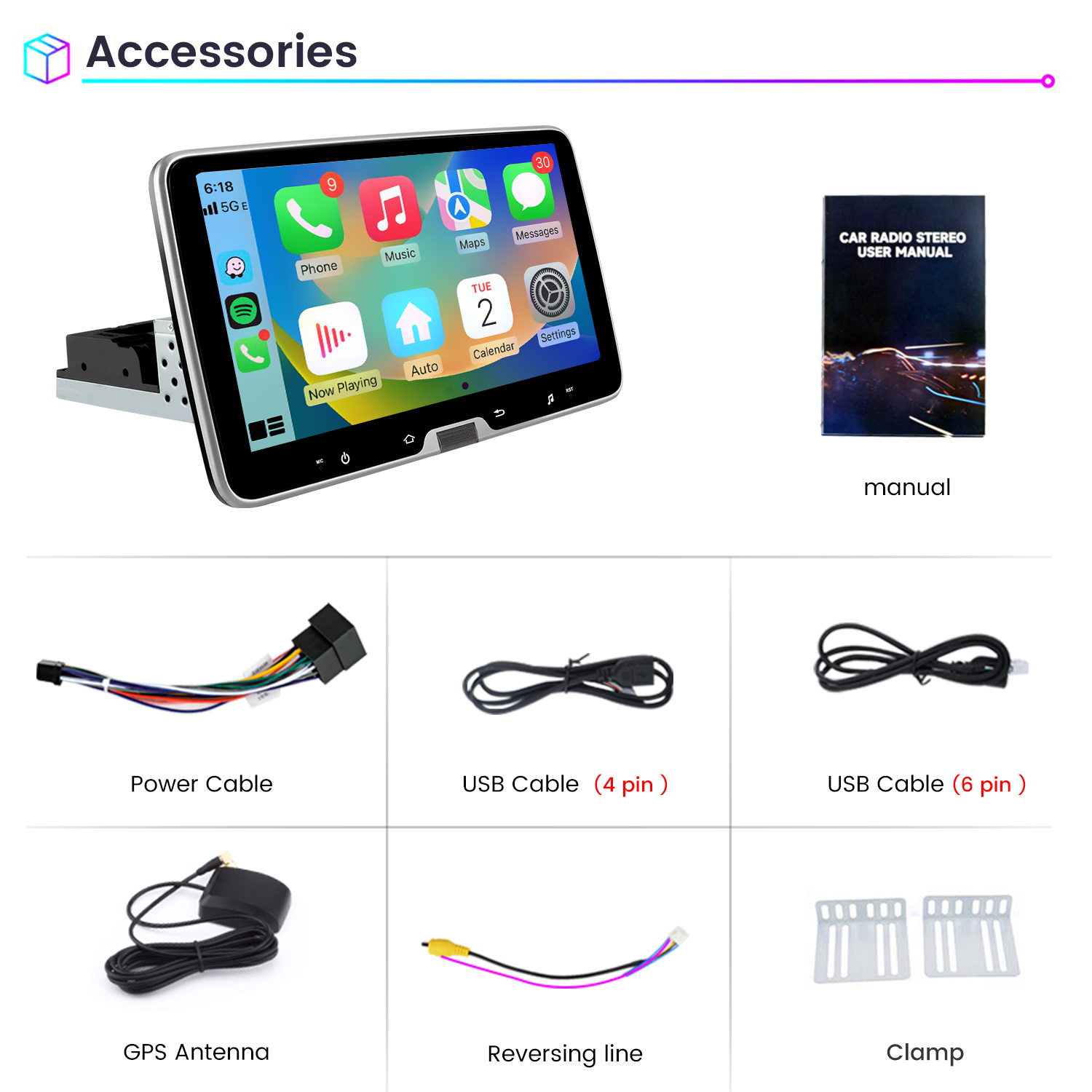 Accesorios para coche: pantalla táctil, manual, cables, antena y abrazaderas.