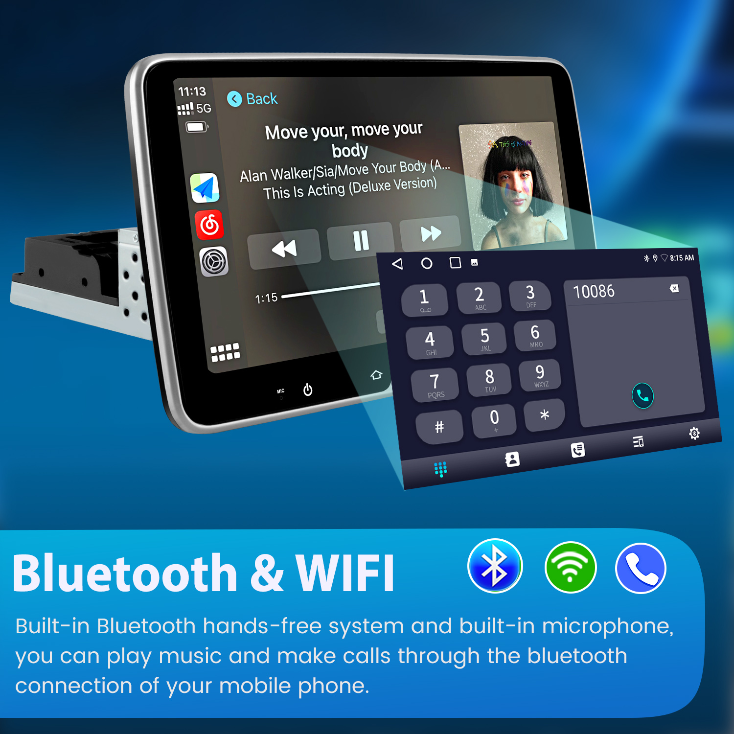 Un moderno autorradio muestra música y teclado numérico. Texto: Bluetooth y WIFI.