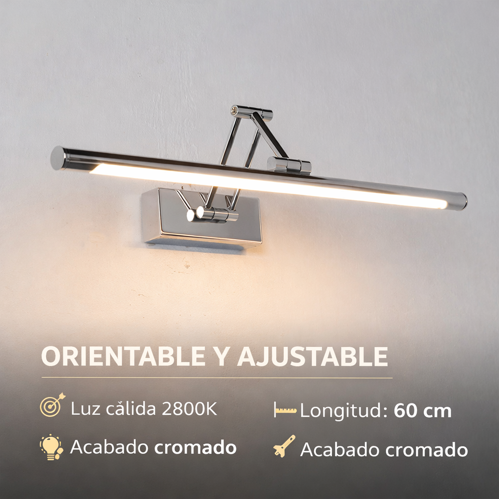 Un aplique orientable y ajustable de 60 cm, cromado, con LED cálido de 2800K.