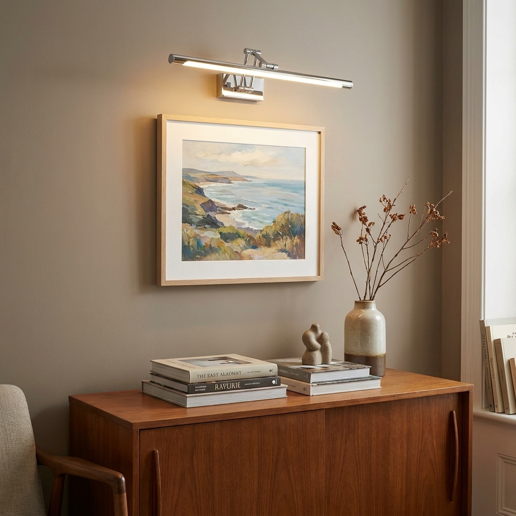 Un cuadro de paisaje costero cuelga sobre un mueble de madera con libros y jarrón.