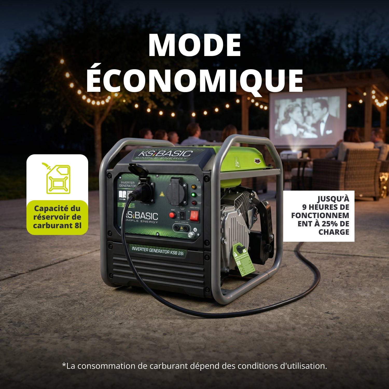 Ein Generator steht vor einer Leinwand, auf der ein Film gezeigt wird. Lichterketten sind im Hintergrund zu sehen.