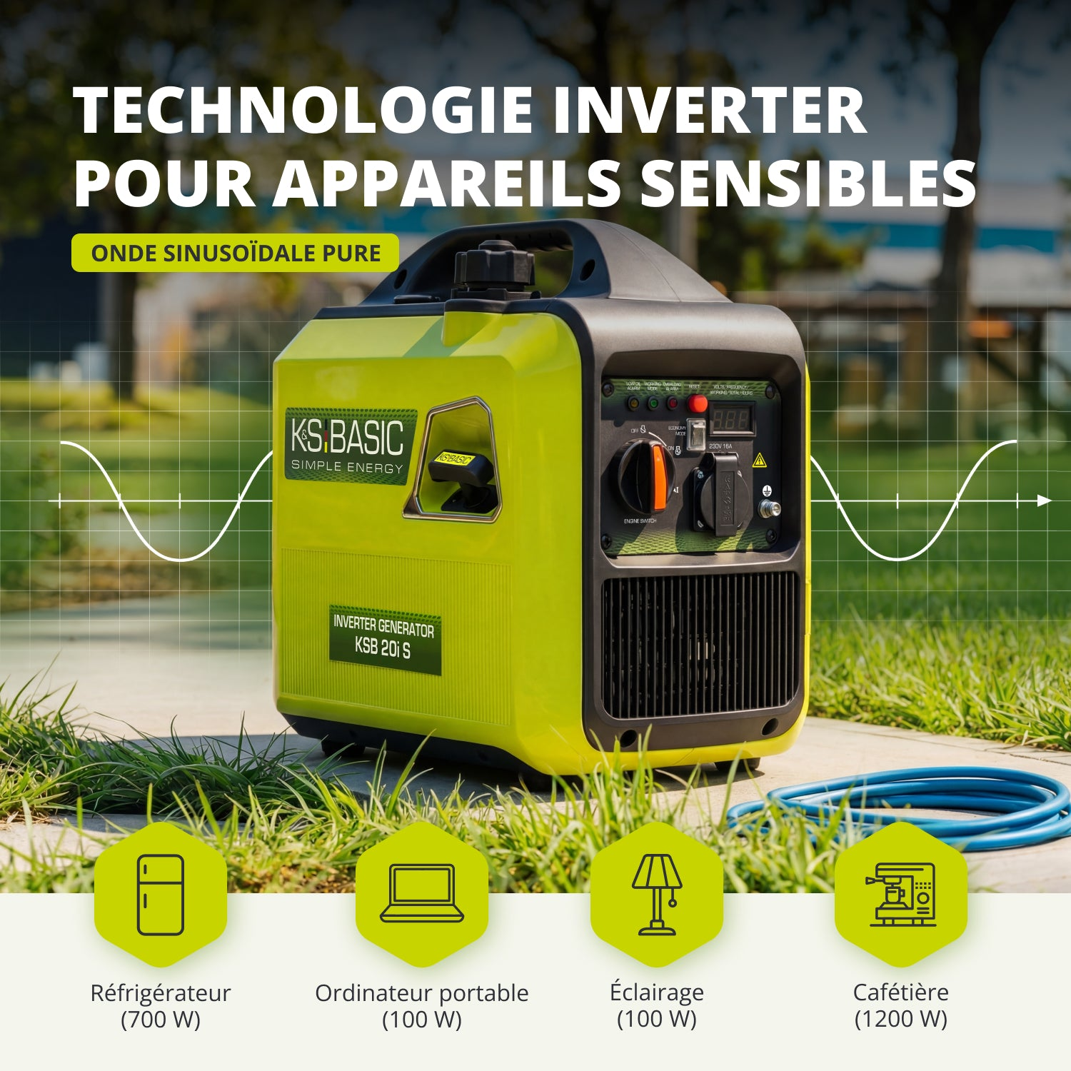 Un generador inverter amarillo con pantalla y enchufes al aire libre.