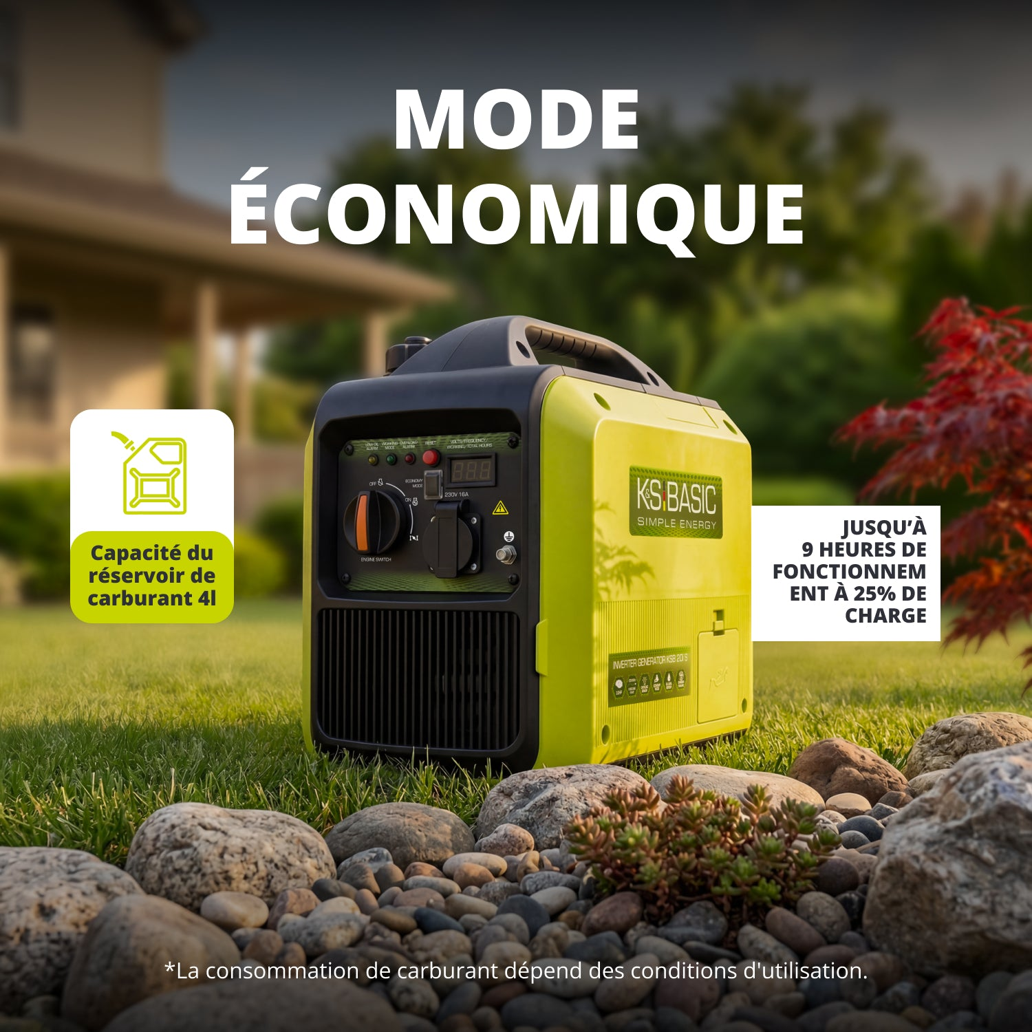 Generador amarillo y negro sobre césped frente a una casa. Texto: "MODE ÉCONOMIQUE".