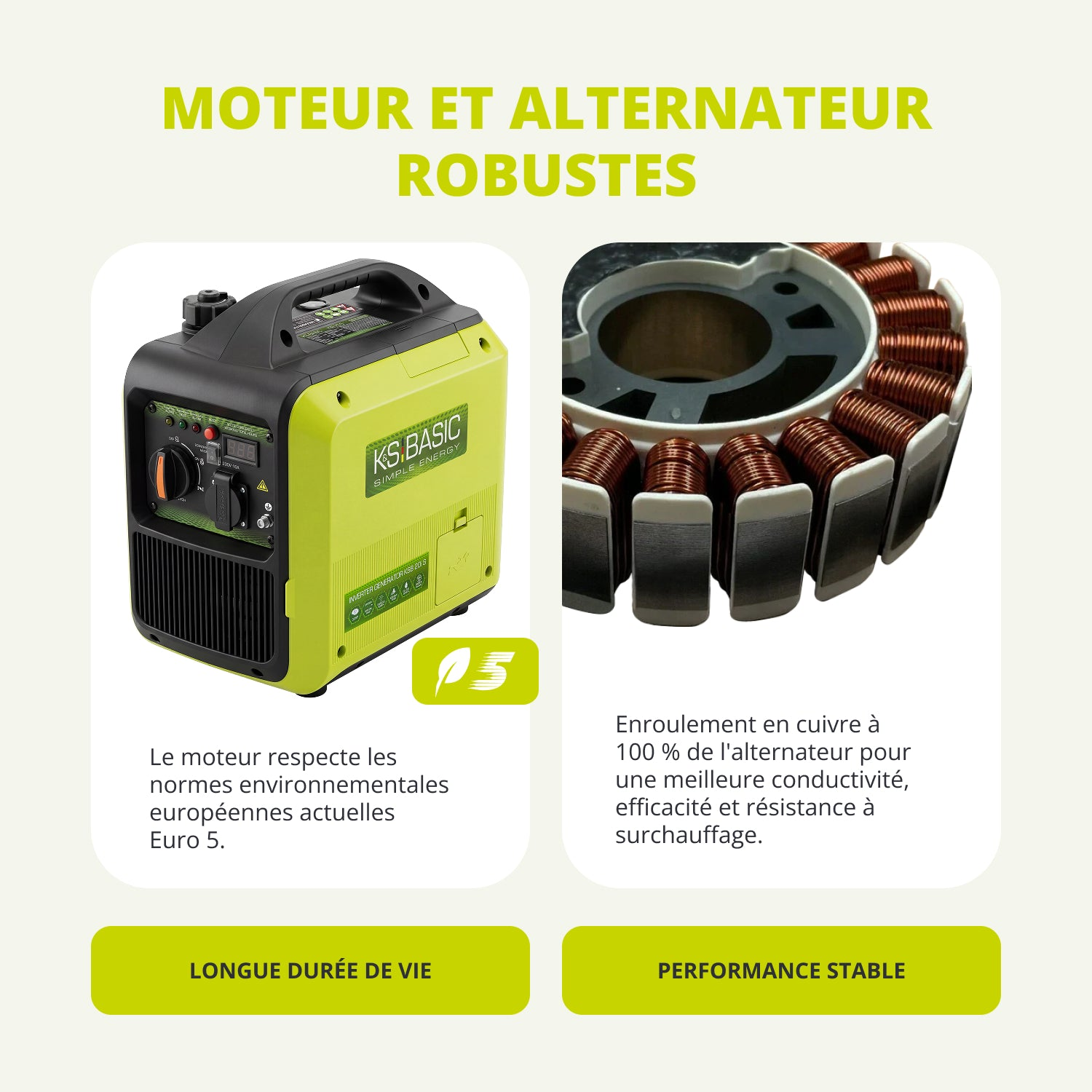 Generador con bobinado de cobre y motor Euro 5 para durabilidad.