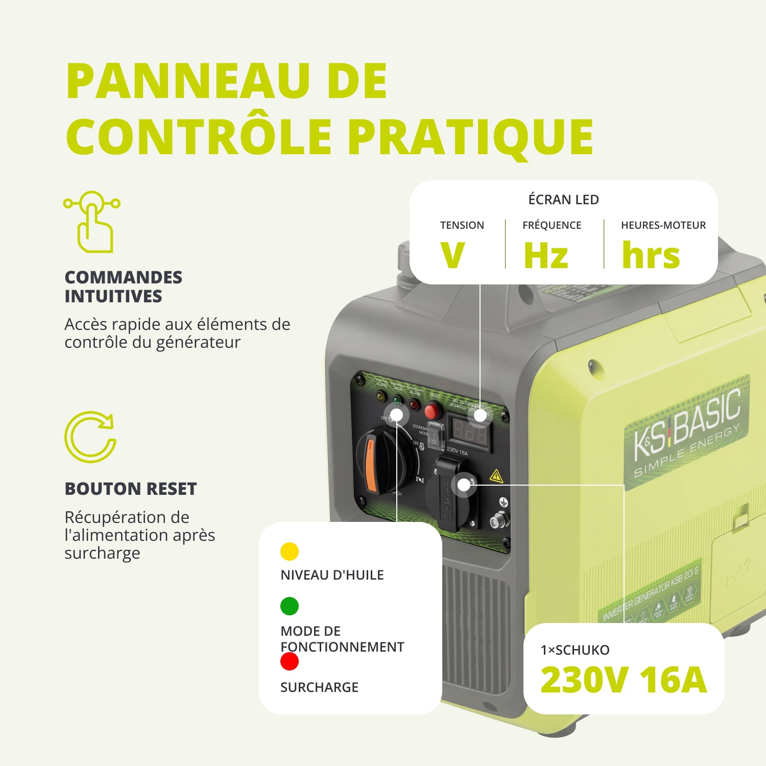 Un generador verde y amarillo con etiquetas y panel de control en francés.