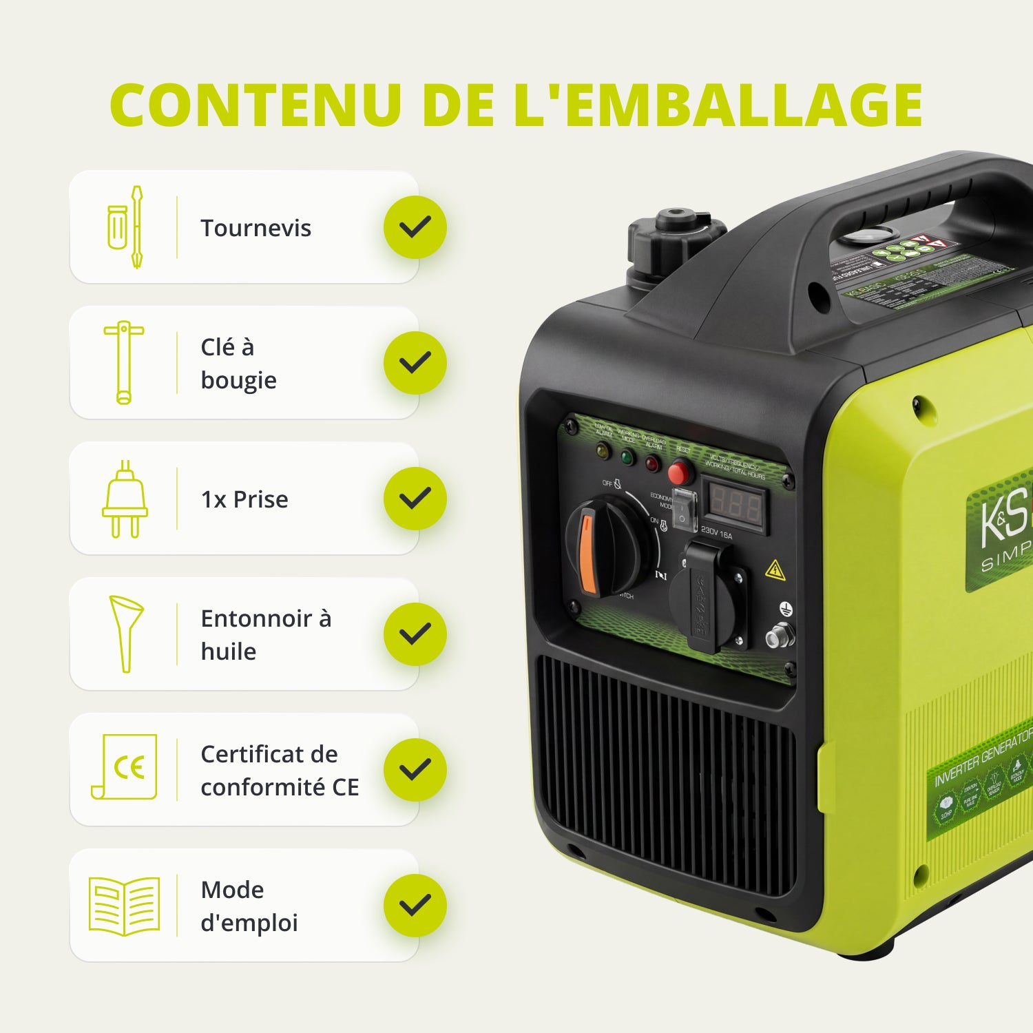 Generador verde y negro con lista de accesorios: destornillador, llave de bujía, enchufe.