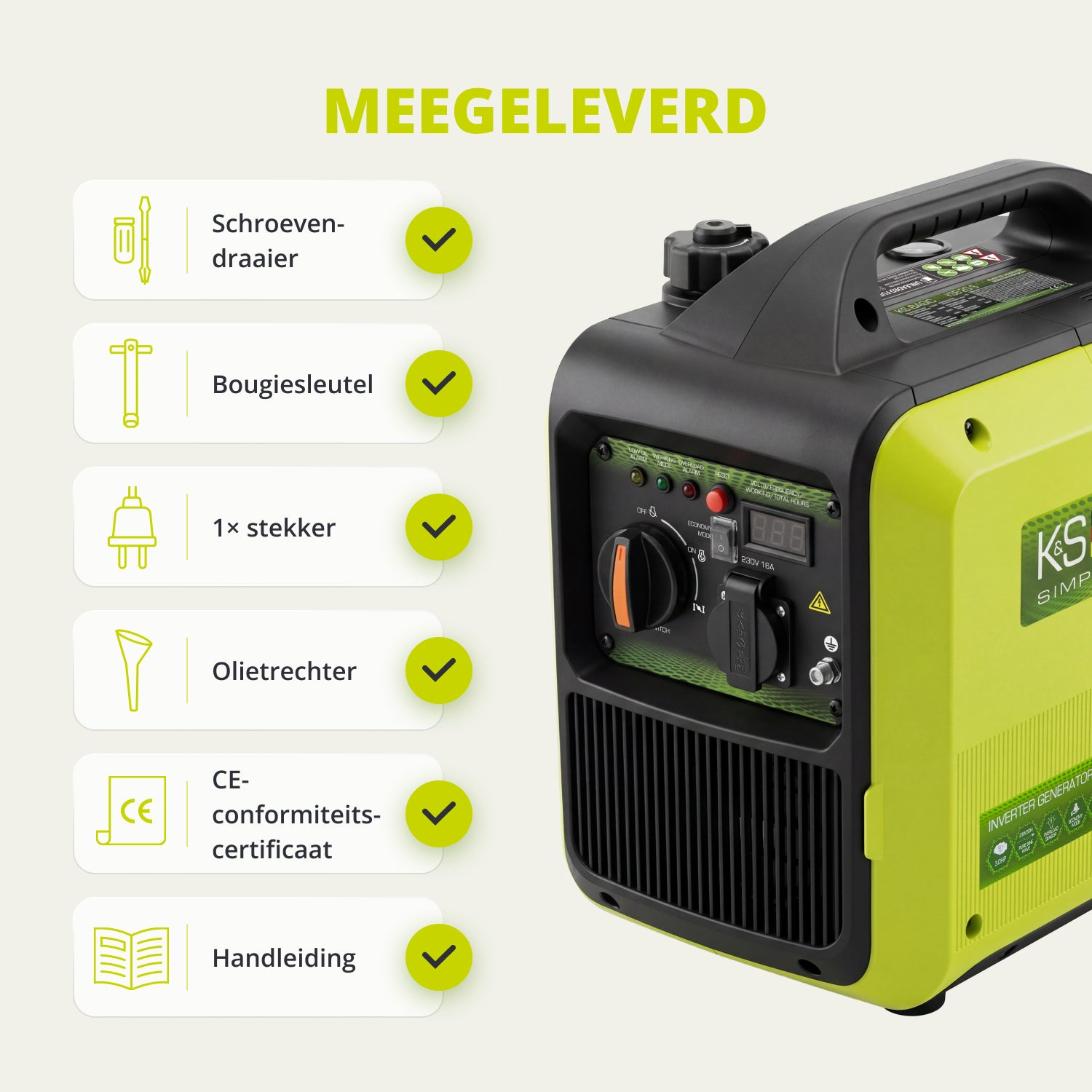 Generador de energía verde y negro con accesorios: destornillador, llave de bujías, enchufe, embudo, certificado CE.