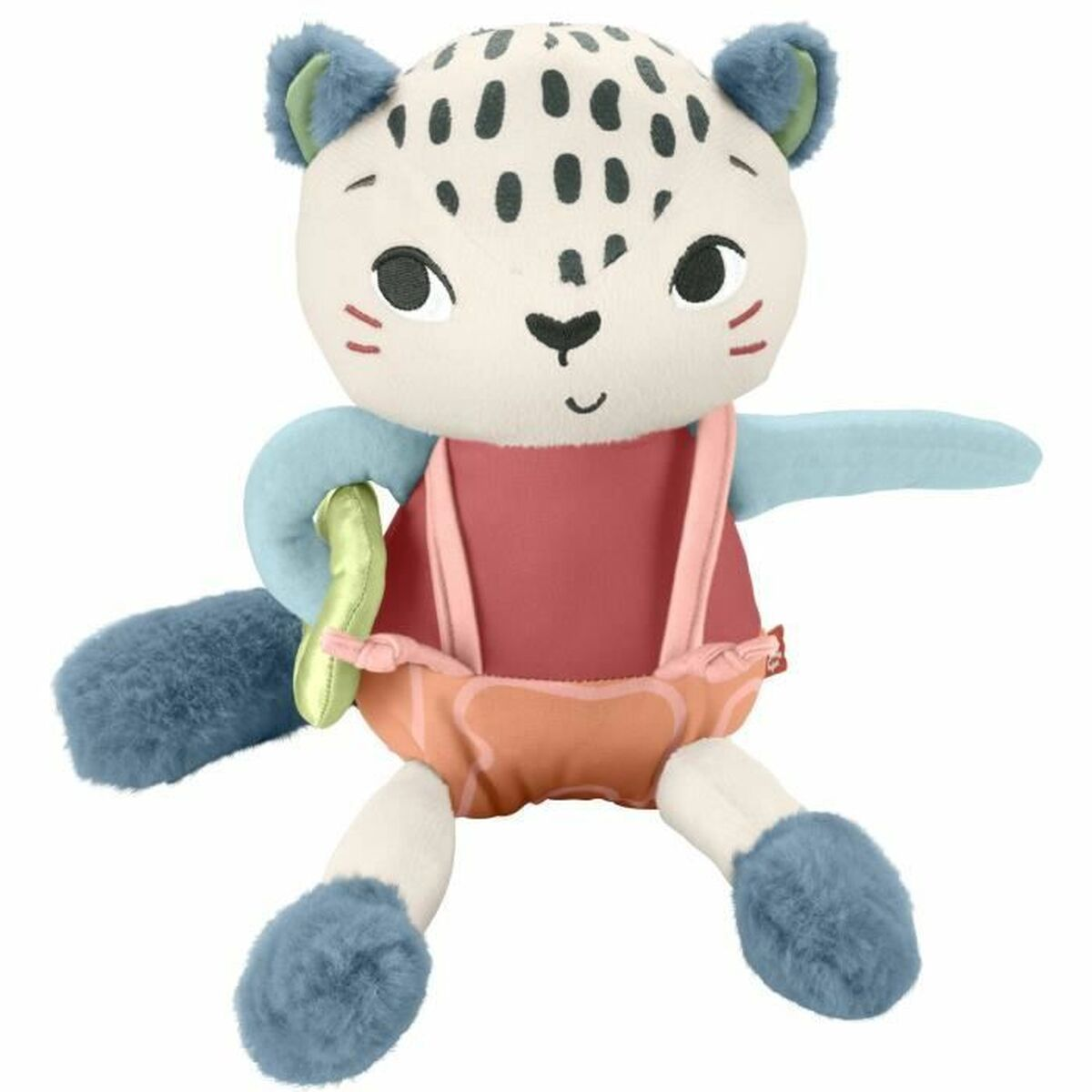 Un peluche de leopardo con orejas azules, cabeza moteada, peto rojo y shorts naranjas.
