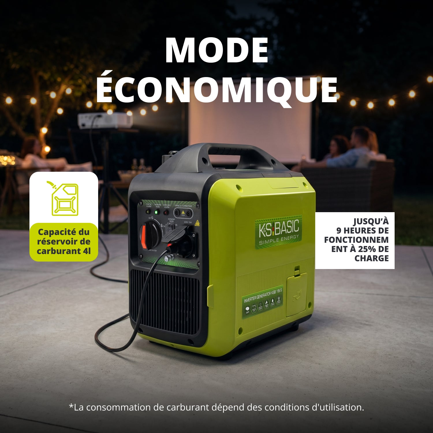Un generador verde y gris al aire libre por la noche. Luces de cadena al fondo.