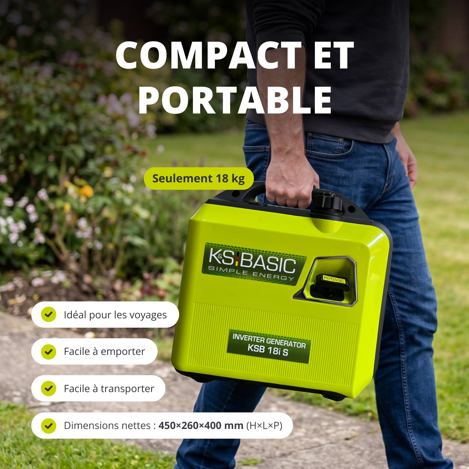 Un hombre lleva un generador inversor amarillo brillante. Texto: Compacto y Portátil.
