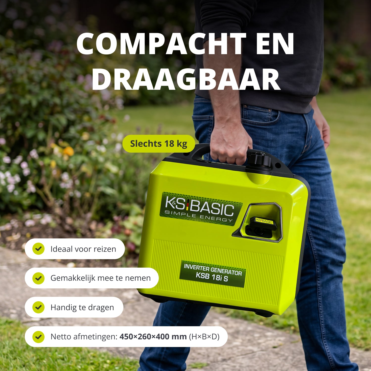 Hombre lleva un generador verde brillante. "Compacto y portátil".