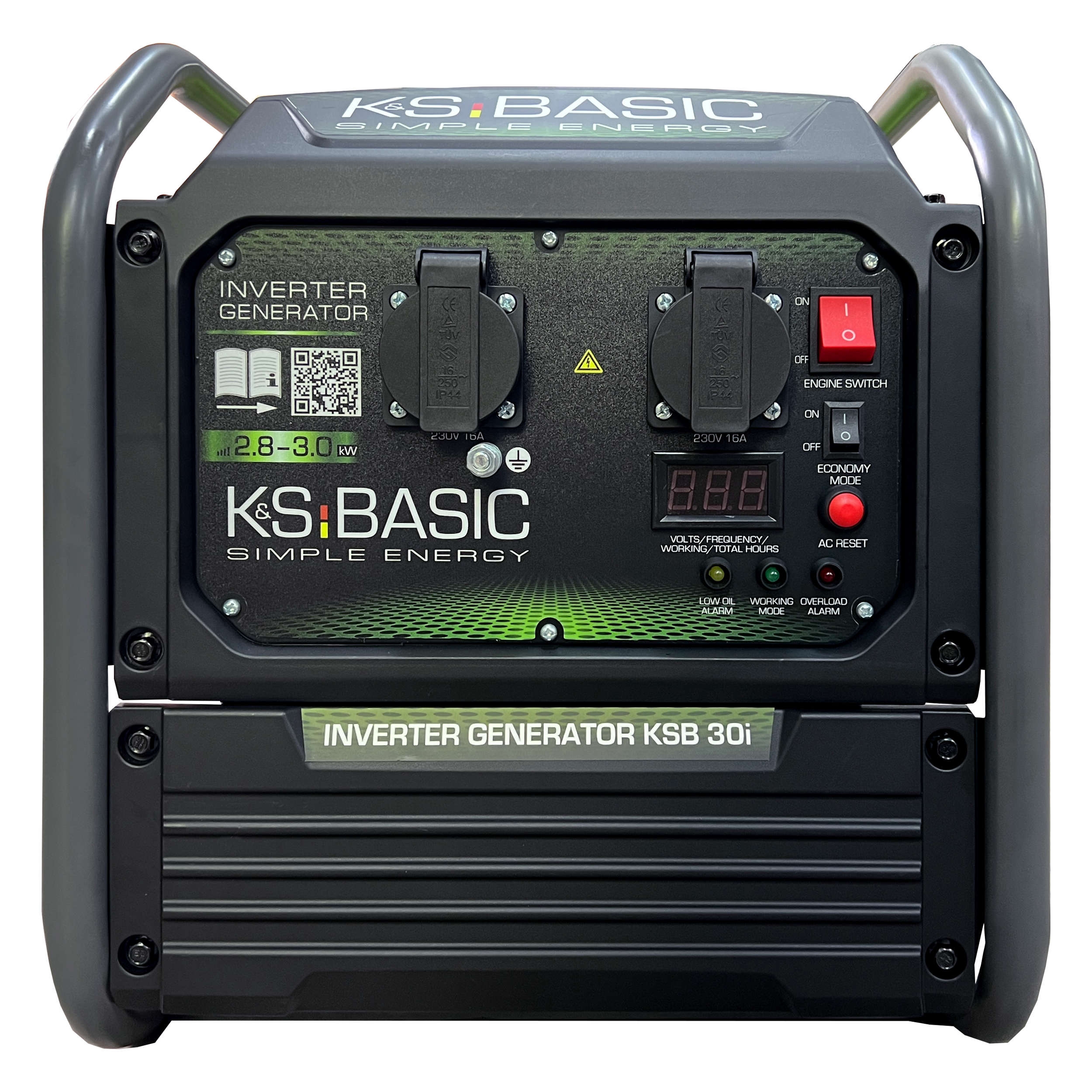 Ein schwarzer KSB 30i Inverter-Generator mit zwei Steckdosen und Digitalanzeige.