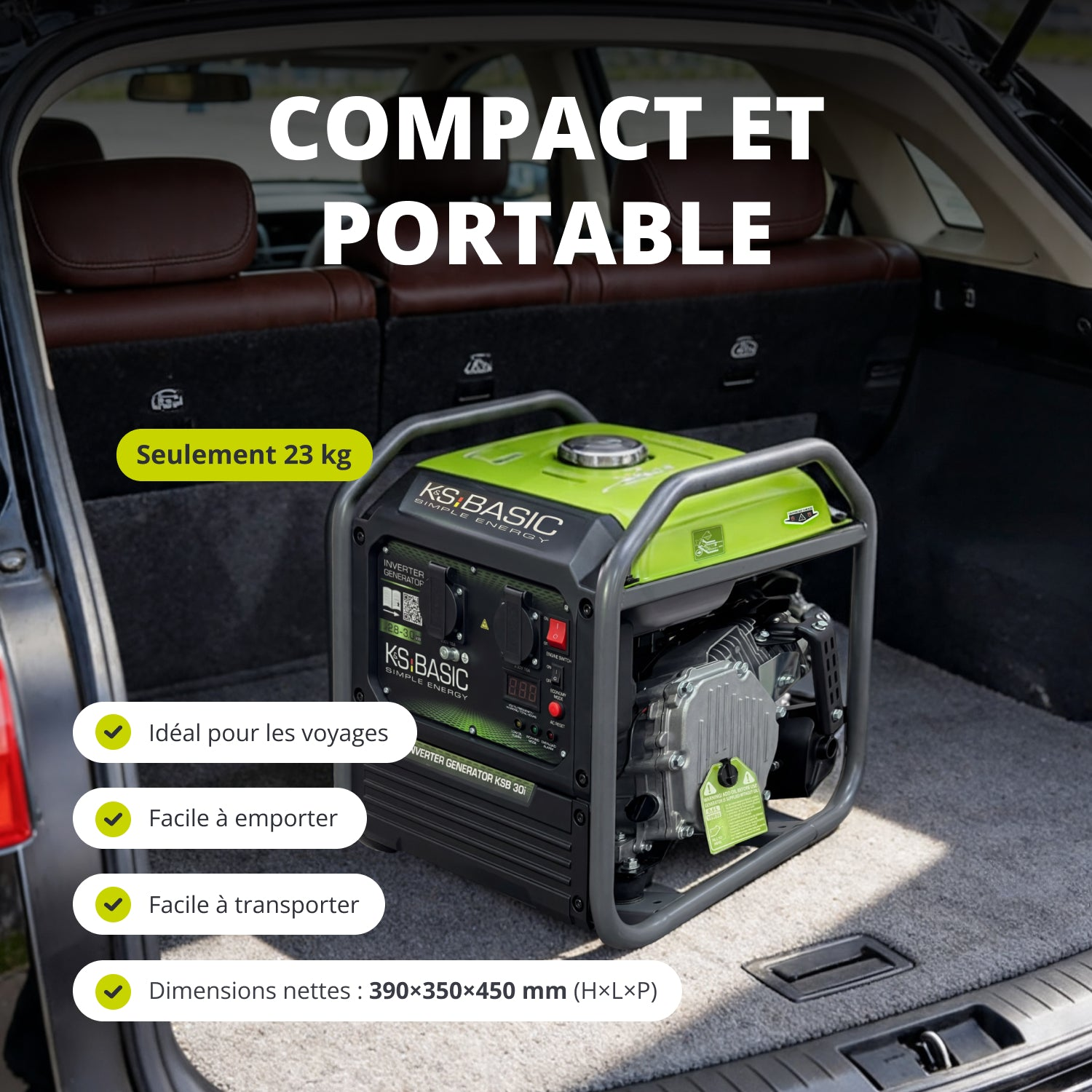 Ein tragbarer Generator steht im Kofferraum eines Autos. Er wiegt nur 23 kg.