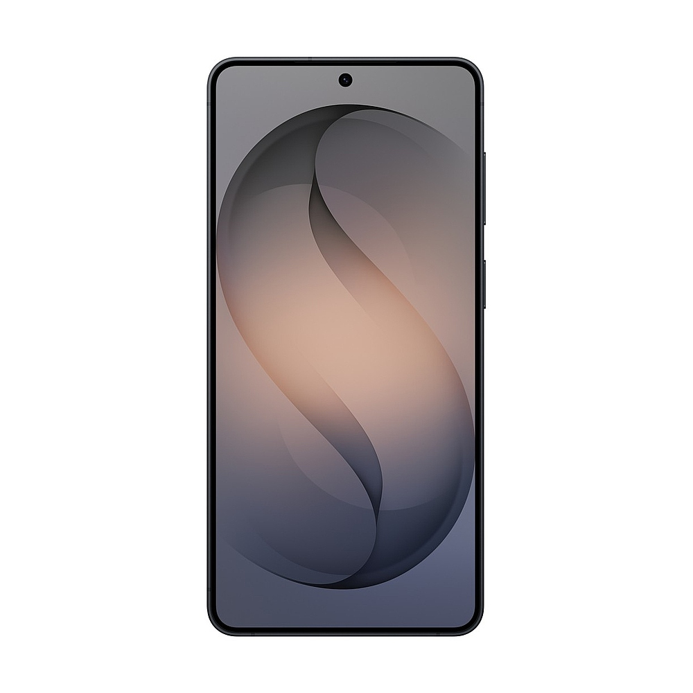 Uno smartphone nero con uno sfondo astratto grigio-blu.