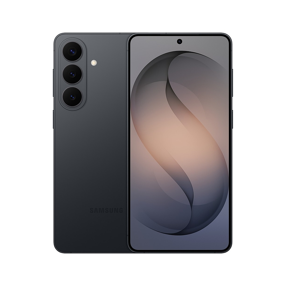 Smartphone Samsung grigio scuro con tre fotocamere e display luminoso.