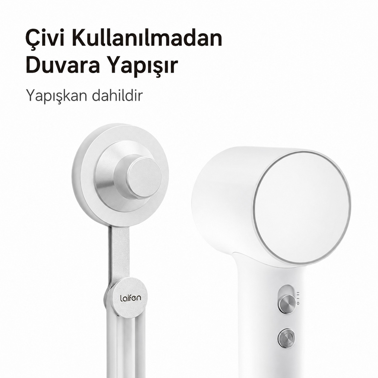 Beyaz Laifen saç kurutma makinesi ve duvara monte aparatı. Metin: Çivi olmadan duvara yapışır. Yapışkan dahildir.