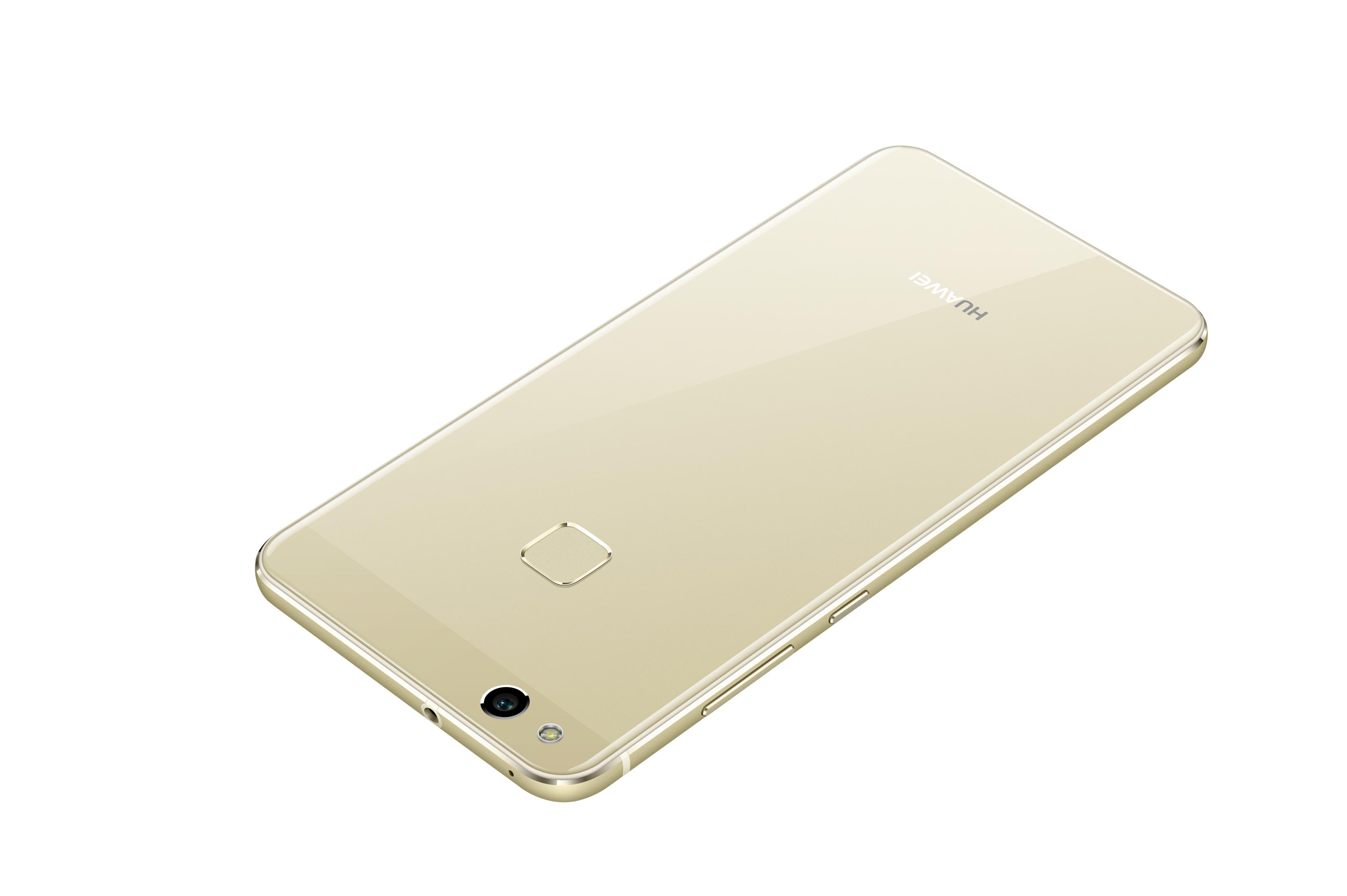Goldenes Huawei Smartphone mit Kamera und Fingerabdrucksensor auf weißem Hintergrund.