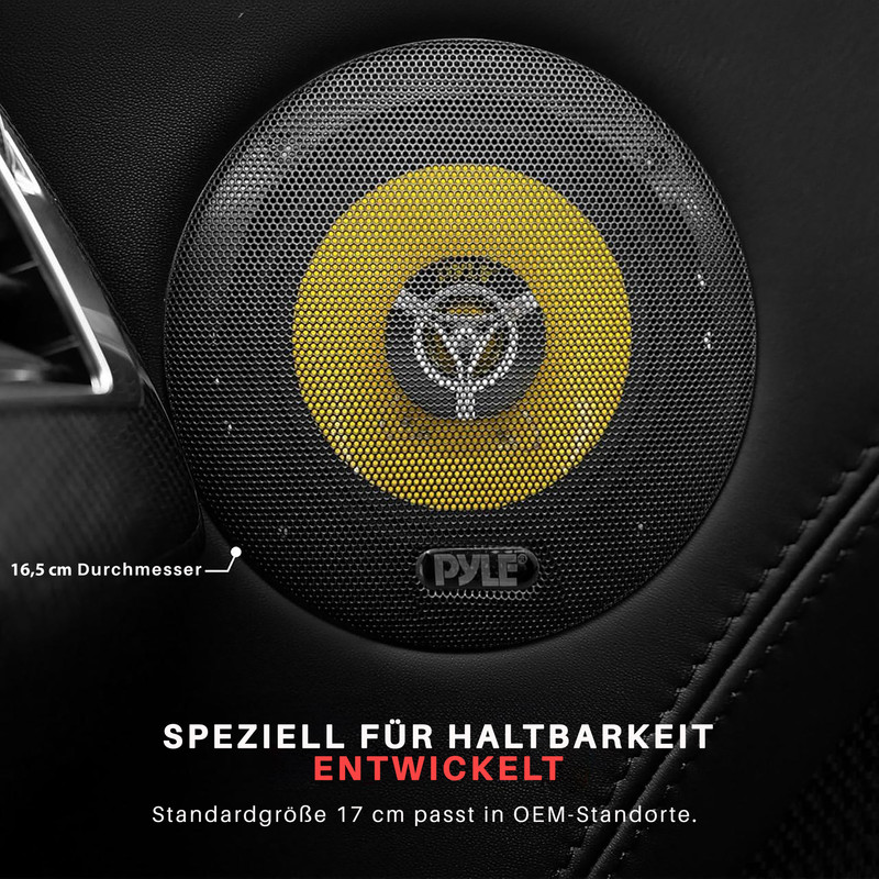 Ein runder, gelber Autolautsprecher mit schwarzem Gitter und dem Pyle-Logo.