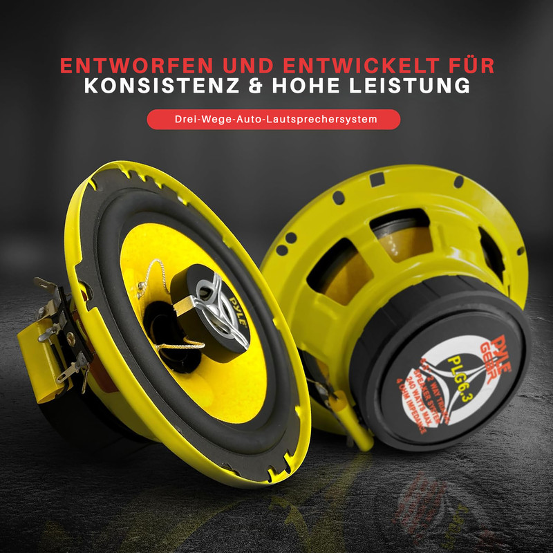 Zwei gelbe Auto-Lautsprecher mit schwarzen Details, mit deutscher Beschriftung.