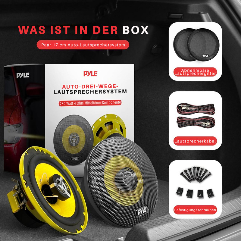 Pyle Auto-Lautsprecher mit Zubehör: Gitter, Kabel und Schrauben.