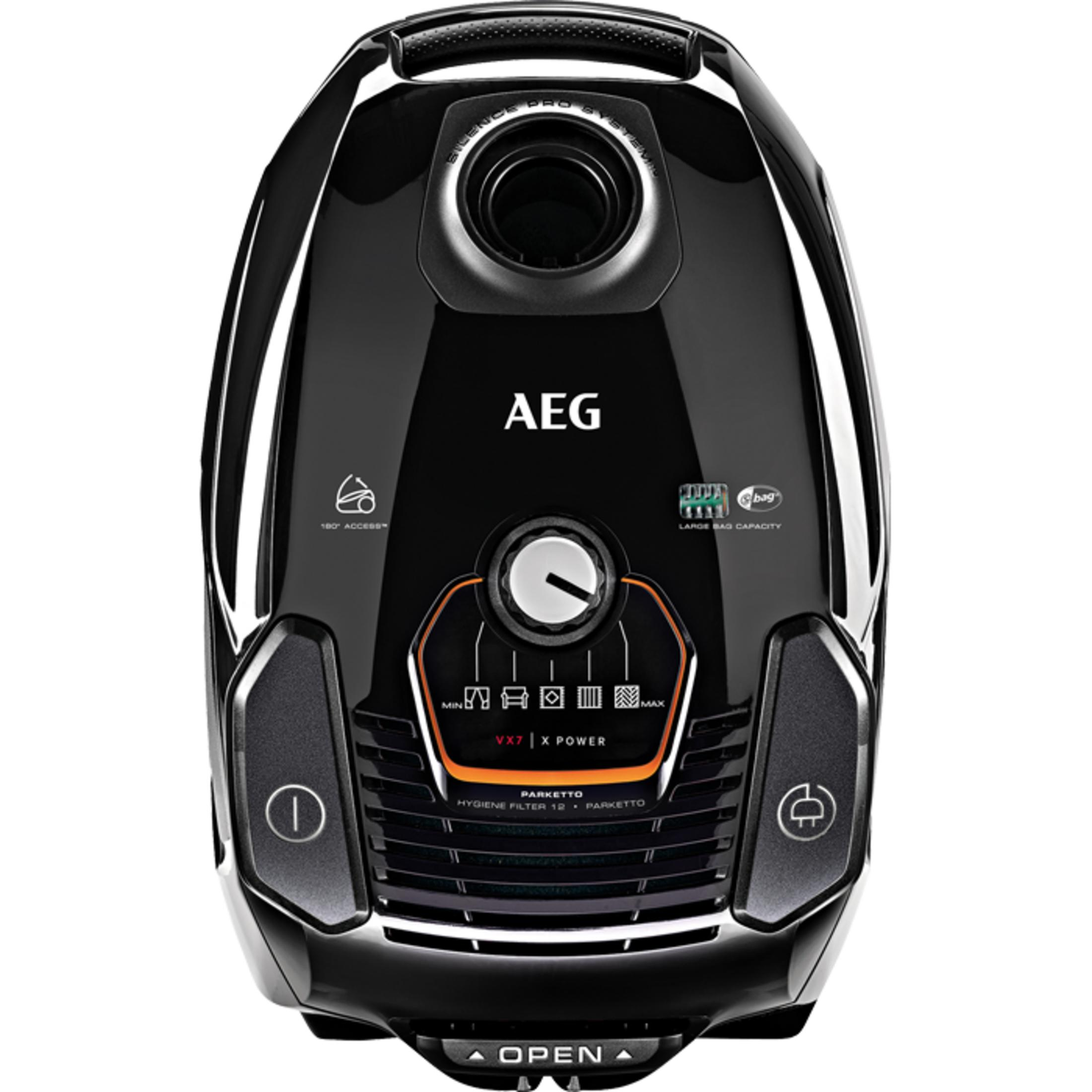 Aspiradora AEG negra con dial e iconos de potencia y capacidad de bolsa.