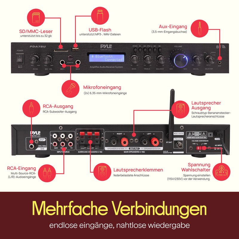 Ein Audio-Receiver-System mit Anschlüssen für SD-Karte, USB, Mikrofone, RCA und Lautsprecher.