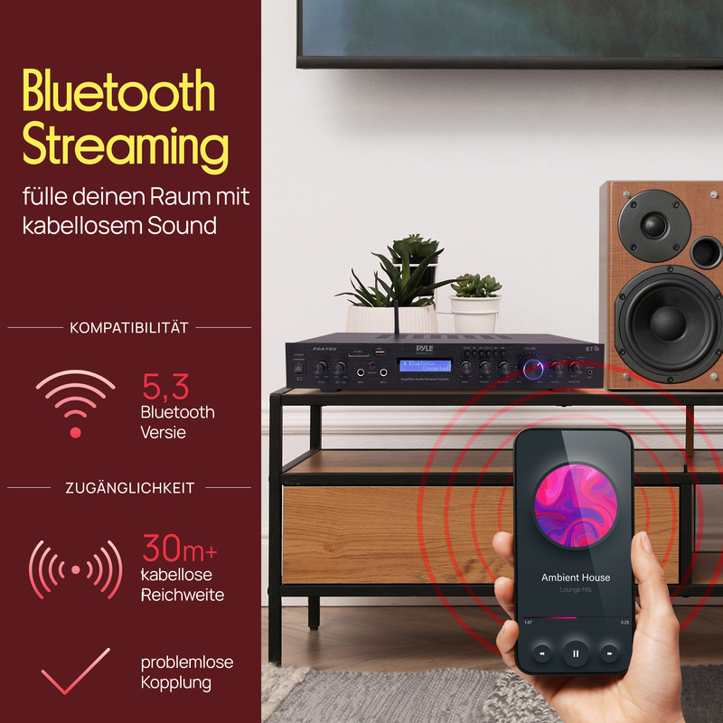 Smartphone steuert Verstärker mit Bluetooth-Streaming, 5.3 Version, 30m+ Reichweite.