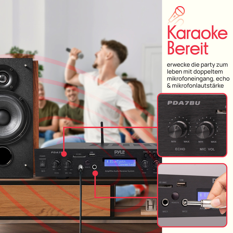 Karaoke-Verstärker mit Mikrofonen und Lautsprecher, Männer singen.