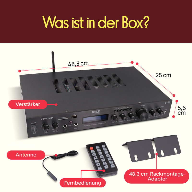 Ein schwarzer Verstärker mit Fernbedienung, Antenne und Halterungen.