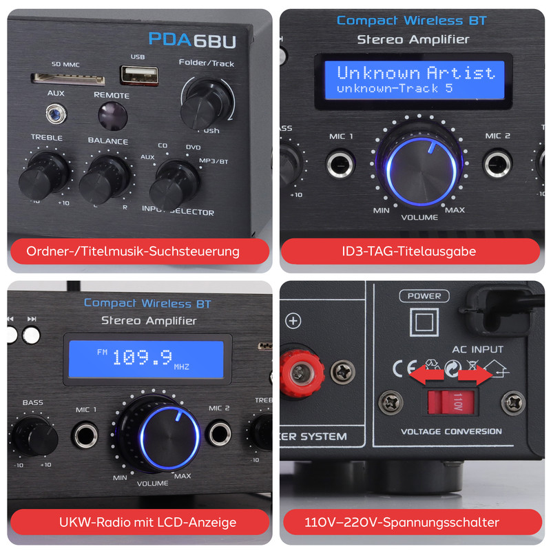 Vier Ansichten eines schwarzen Stereo-Verstärkers mit Knöpfen, Anschlüssen und Display.