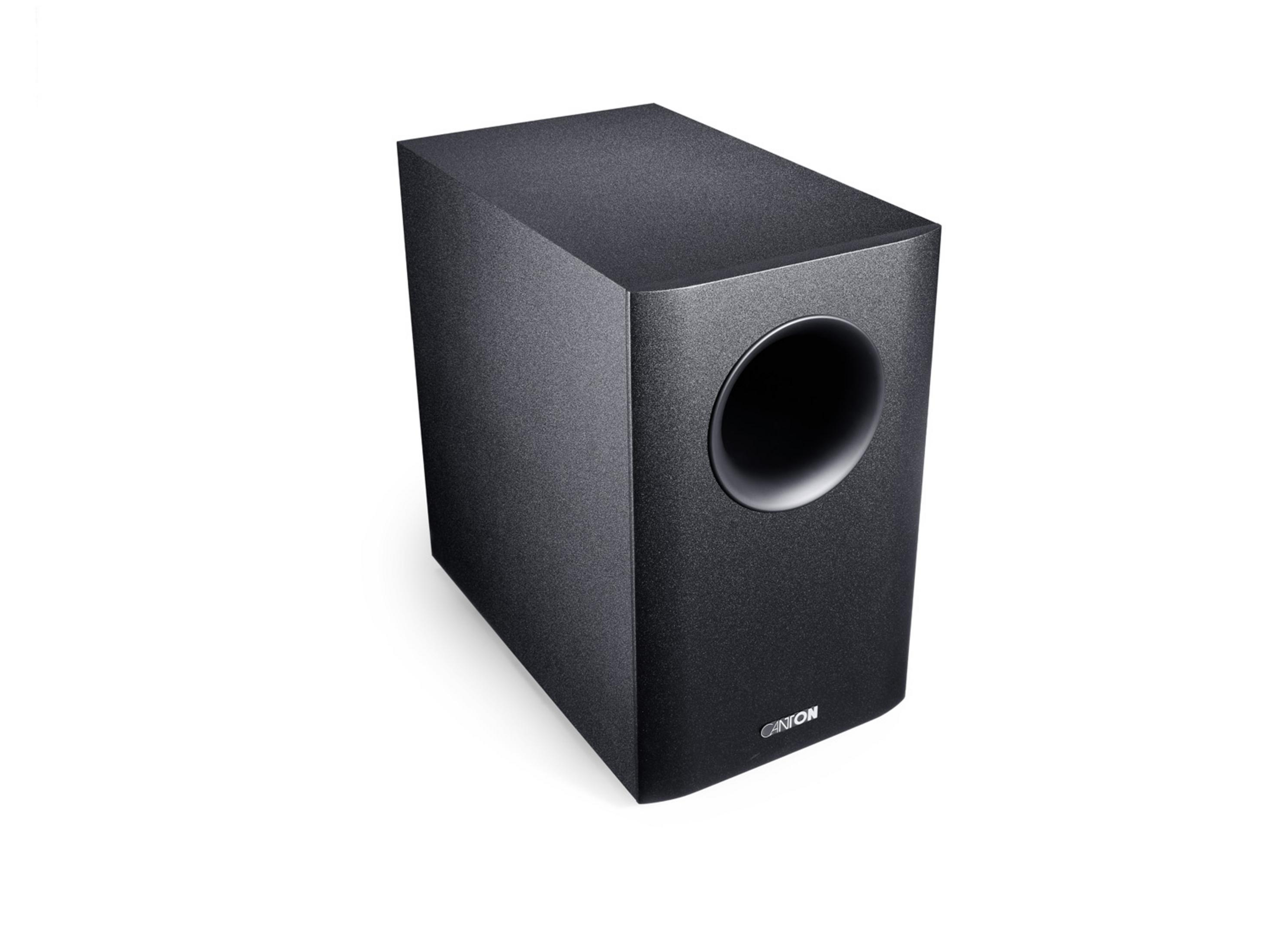 Schwarzer Subwoofer mit rundem Bassreflexrohr und dem Firmenlogo.