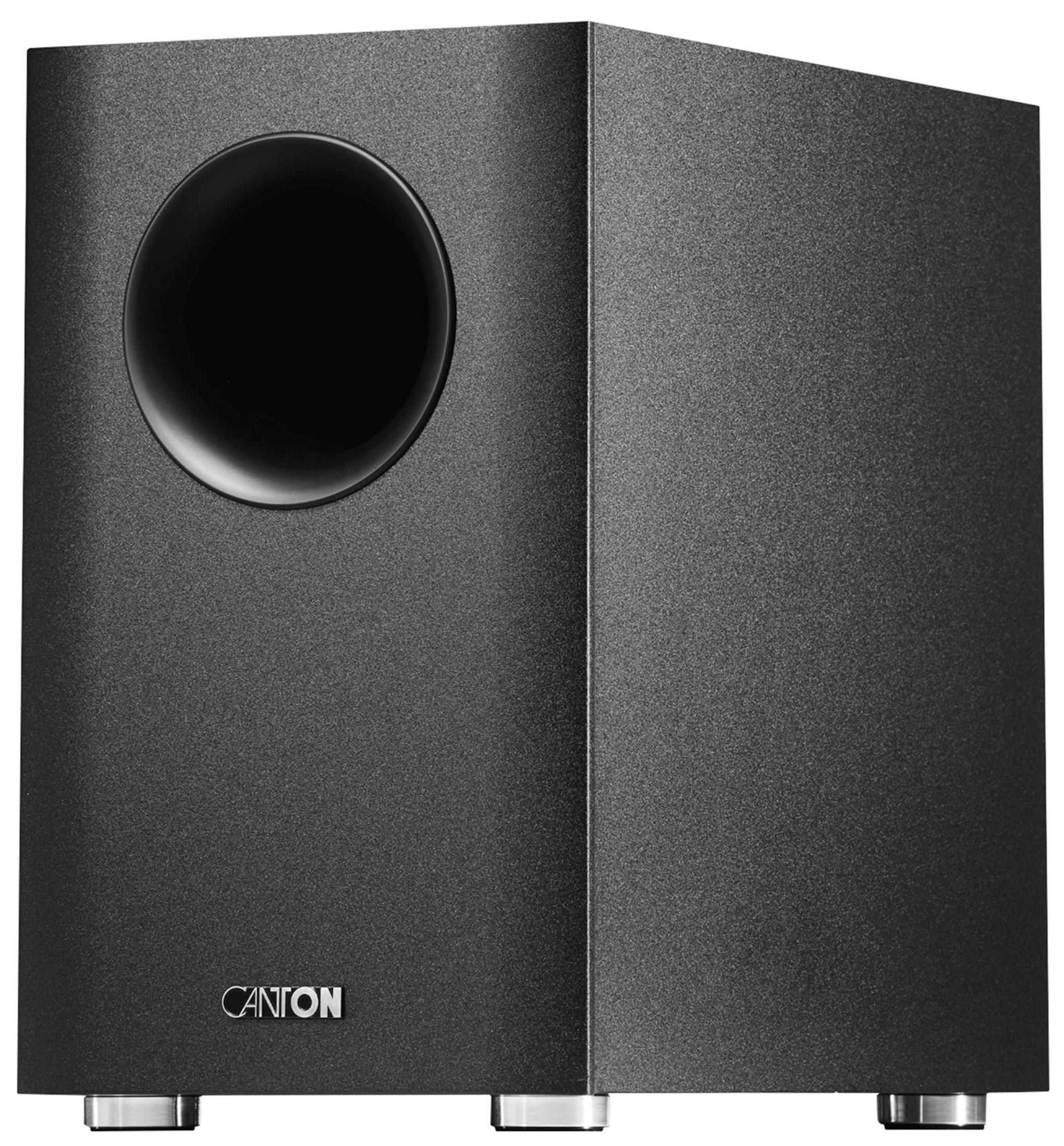 Schwarzer Canton Subwoofer mit rundem Bassreflexport und silbernen Füßen.