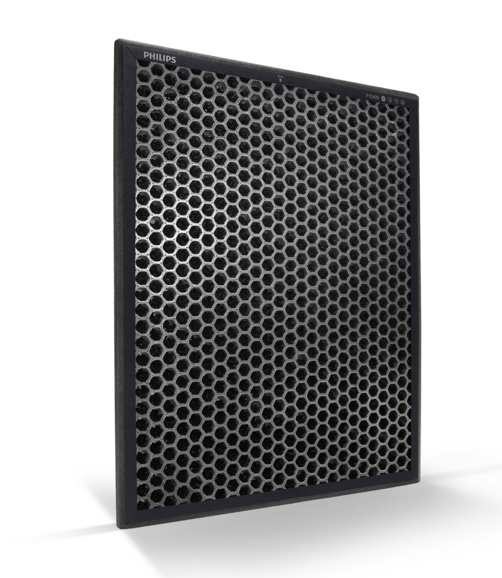 Ein schwarzer Philips Luftfilter mit Wabengitter und Modellnummer FY2420.