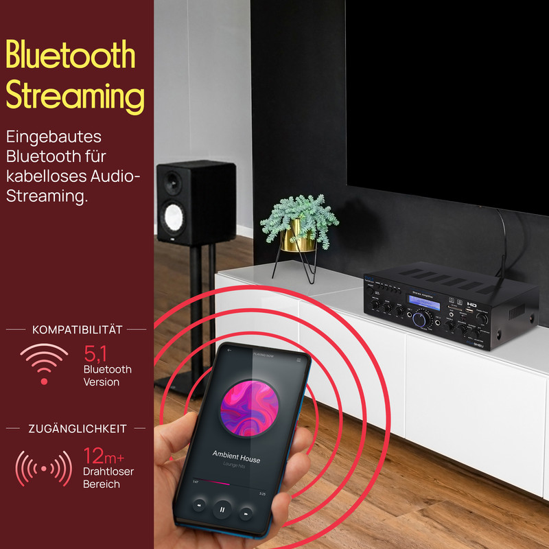 Smartphone steuert Stereoanlage mit Bluetooth-Streaming.