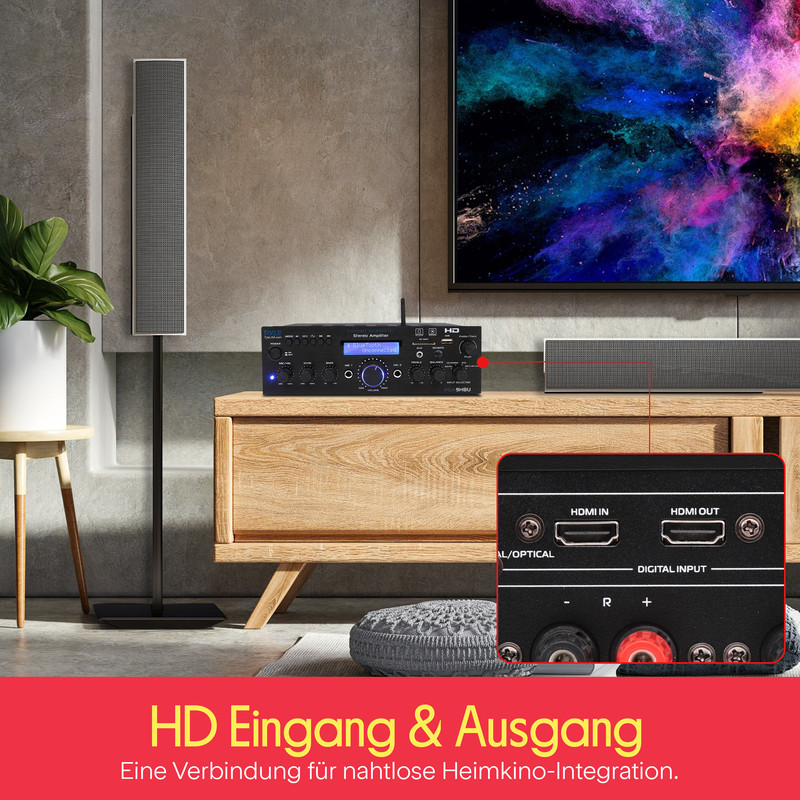 Ein Stereo-Verstärker mit HDMI-Anschluss und einer Nahaufnahme seiner Anschlüsse.