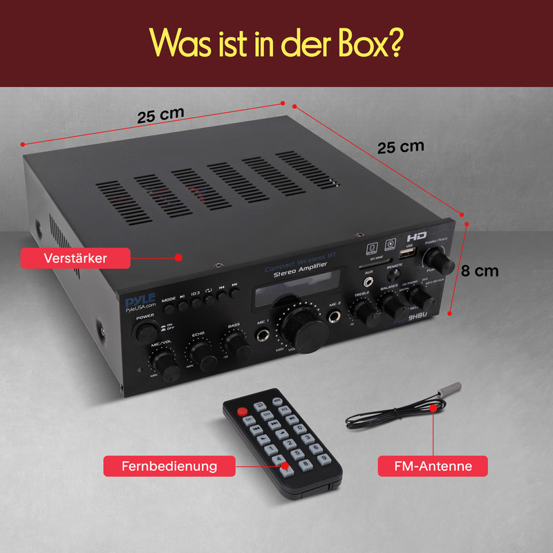 Ein schwarzer Stereo-Verstärker mit Fernbedienung und FM-Antenne. Maße 25x25x8cm.