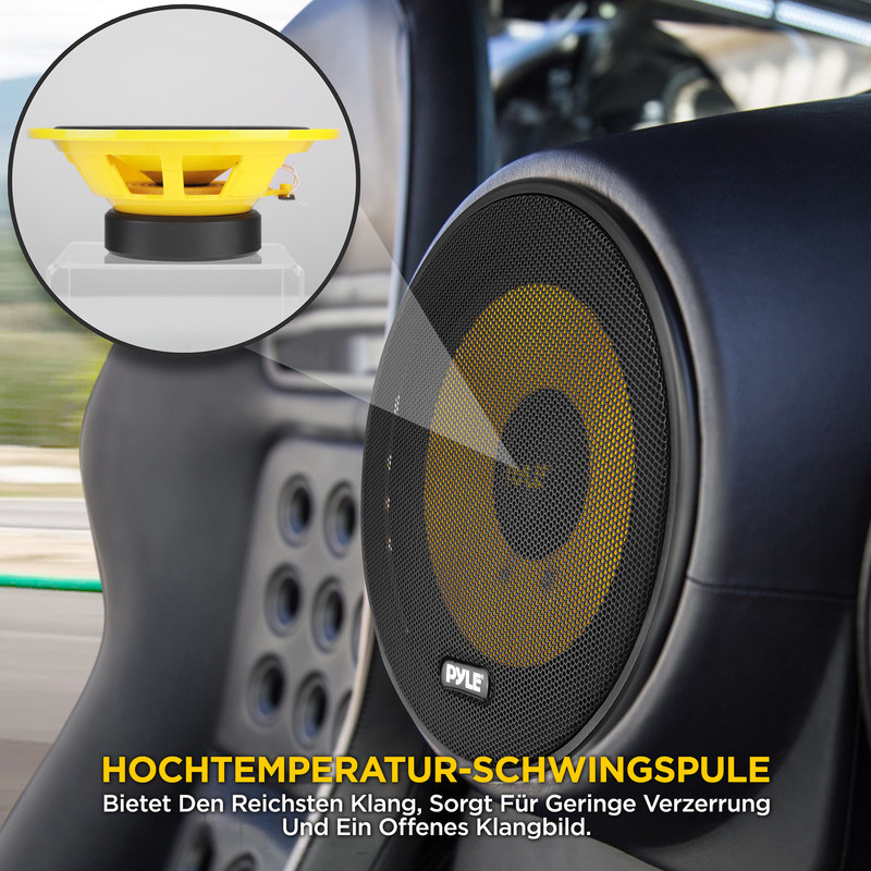 Ein Auto-Lautsprecher mit gelber Membran und schwarzem Gitter. Nahaufnahme von der Membran.