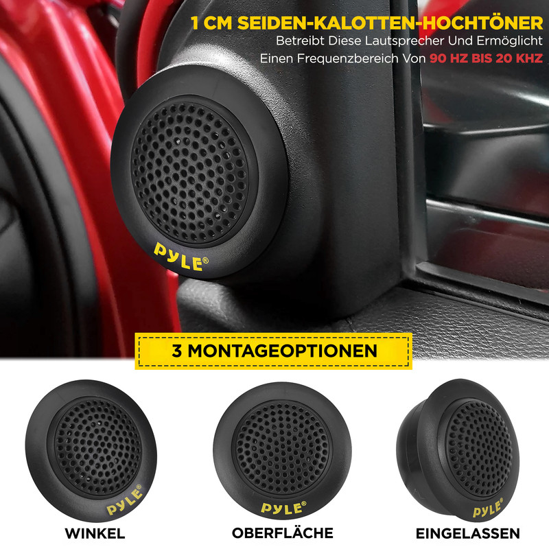 Ein schwarzer Pyle Hochtöner ist in einem roten Auto montiert. Unten sind drei Montageoptionen.