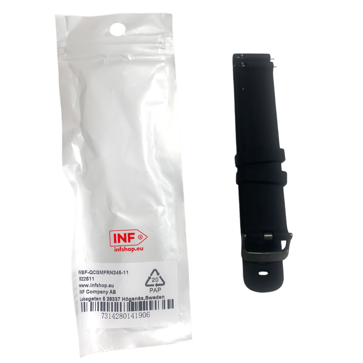 Schwarzes Uhrenarmband mit Verpackung und INF-Logo. Weißer Hintergrund.