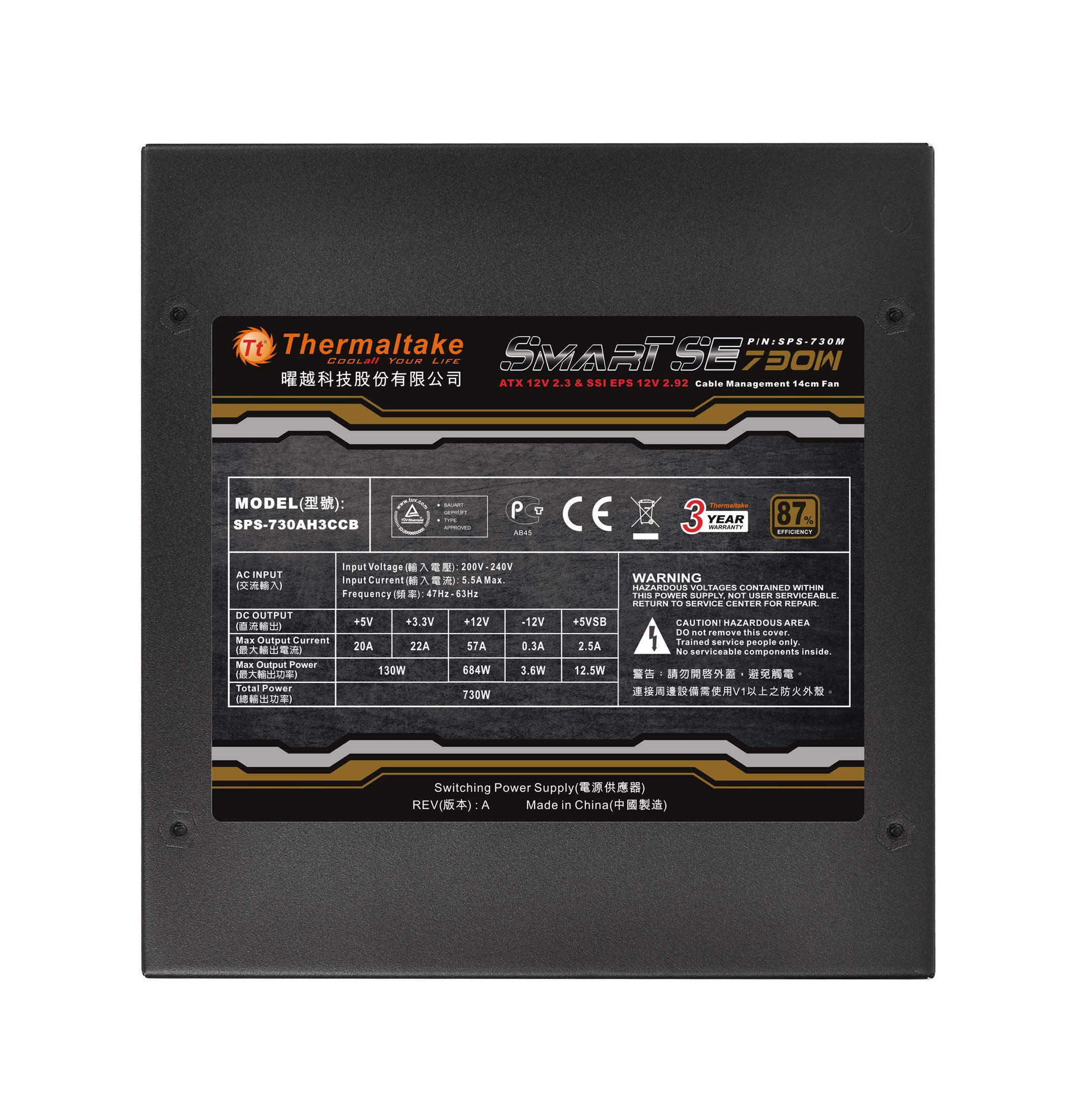 Czarny zasilacz Thermaltake ze specyfikacjami i logotypami.