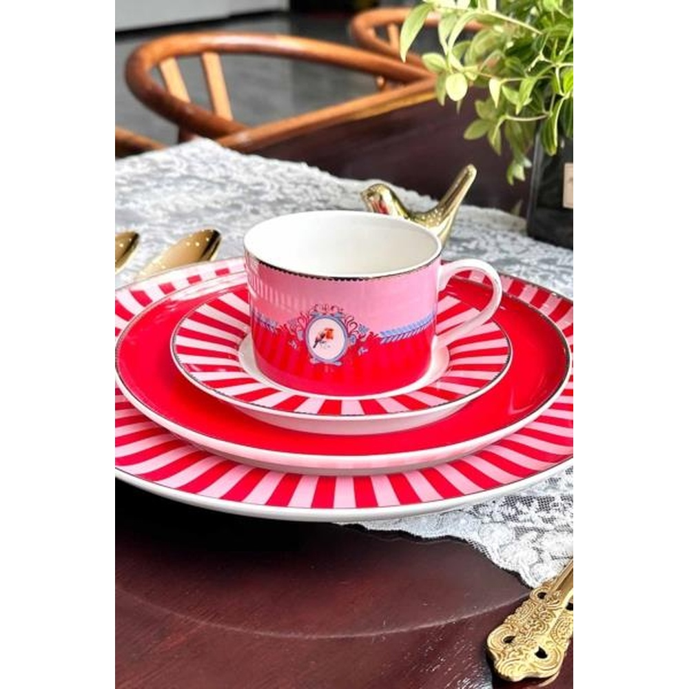 Kırmızı ve beyaz çizgili tabaklar, üzerinde kuş motifi olan pembe fincan.