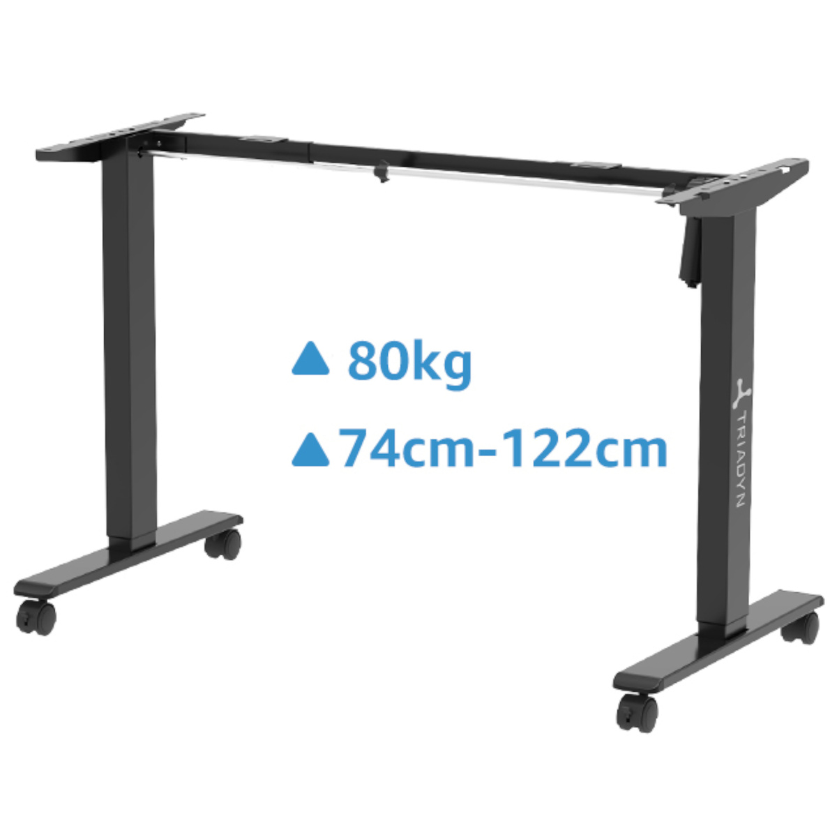 Czarny stelaż biurka z regulacją wysokości i kółkami. Udźwig 80kg, wysokość 74-122cm.