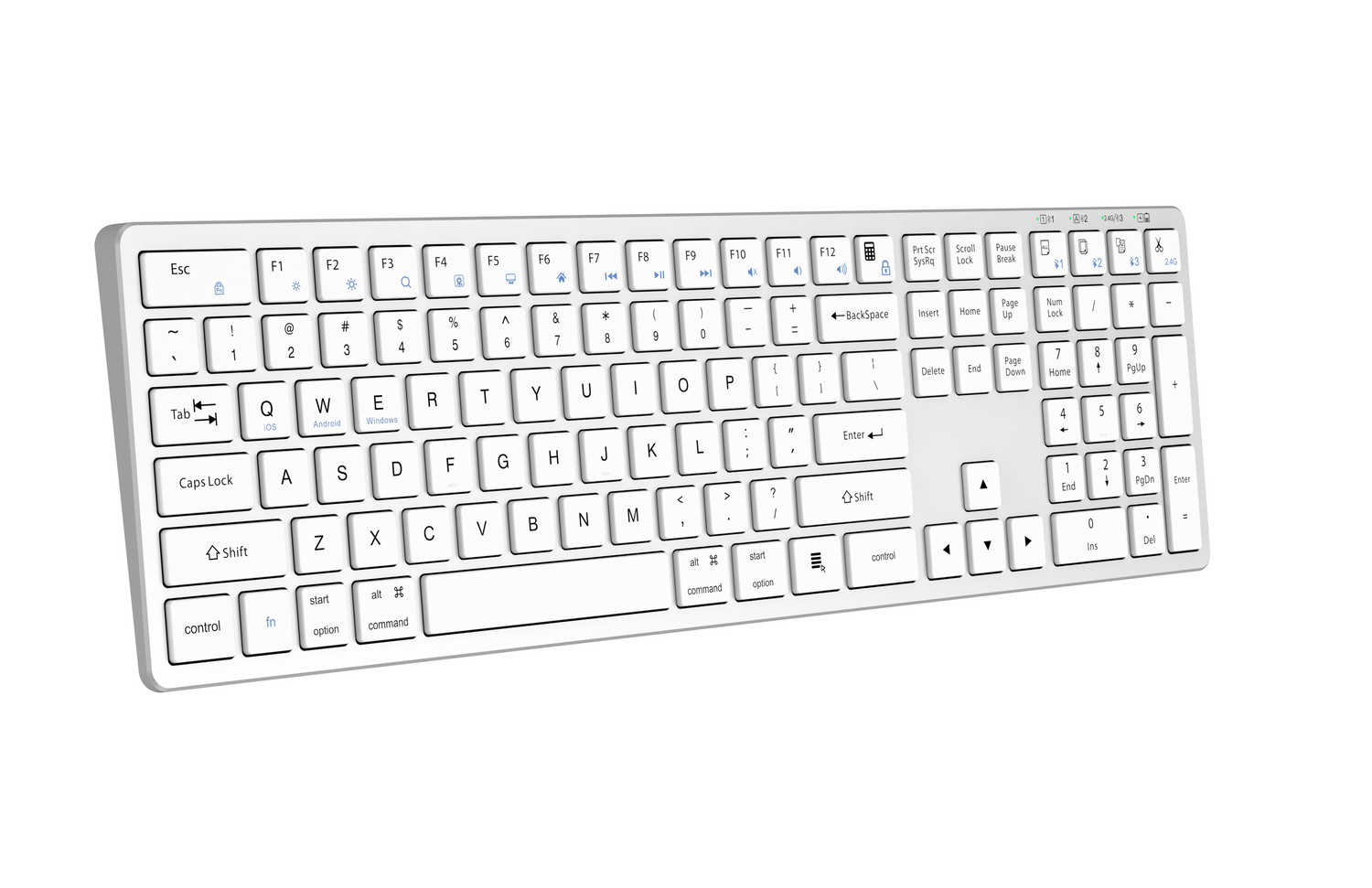 Biała klawiatura bezprzewodowa z pełnym układem QWERTY i klawiaturą numeryczną.