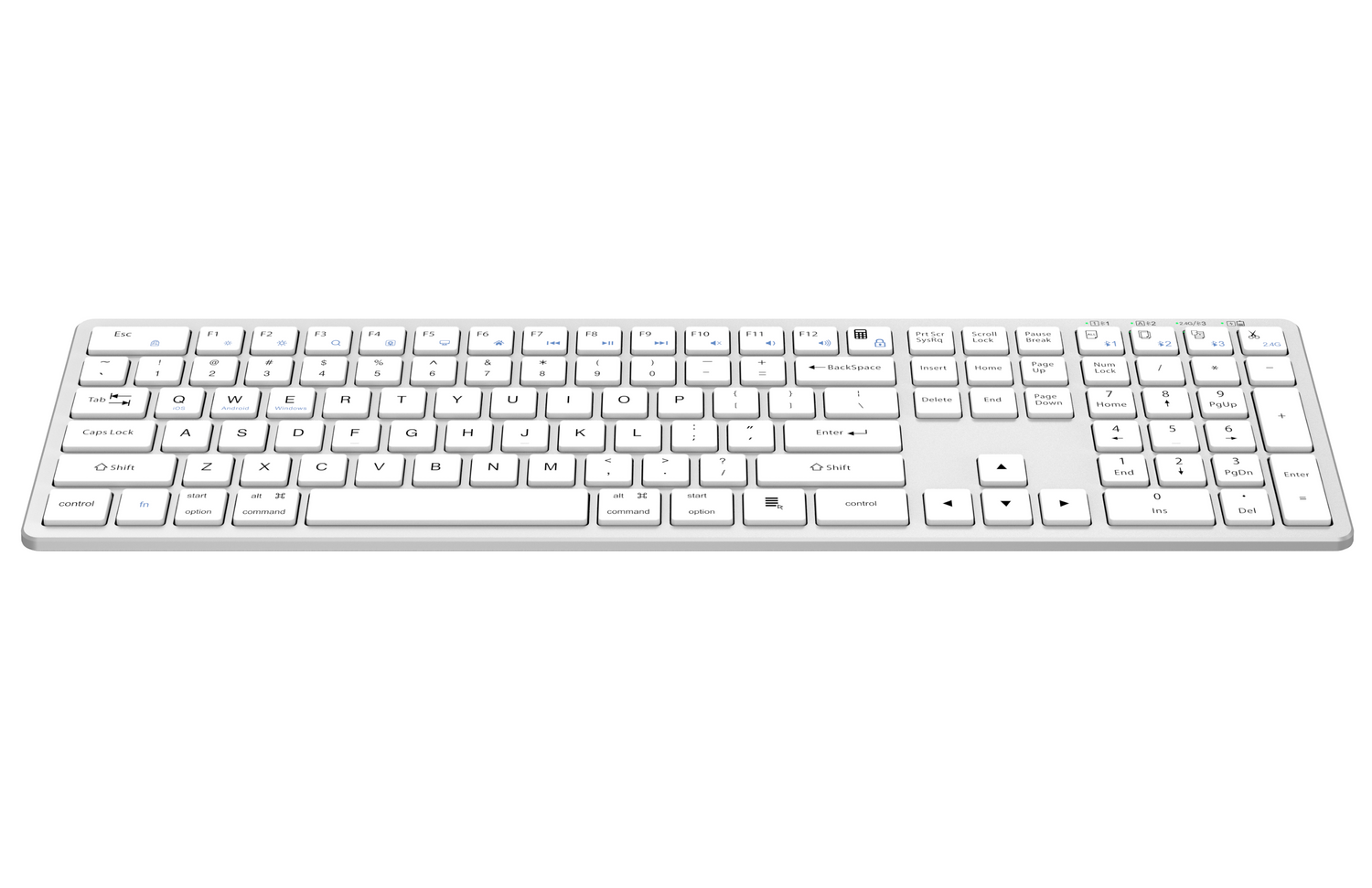 Biała klawiatura QWERTY z klawiaturą numeryczną.