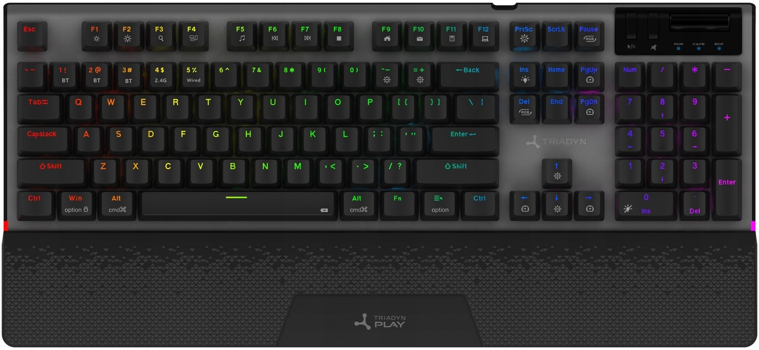 Klawiatura gamingowa z podświetleniem RGB, klawiaturą numeryczną i podparciem nadgarstków.