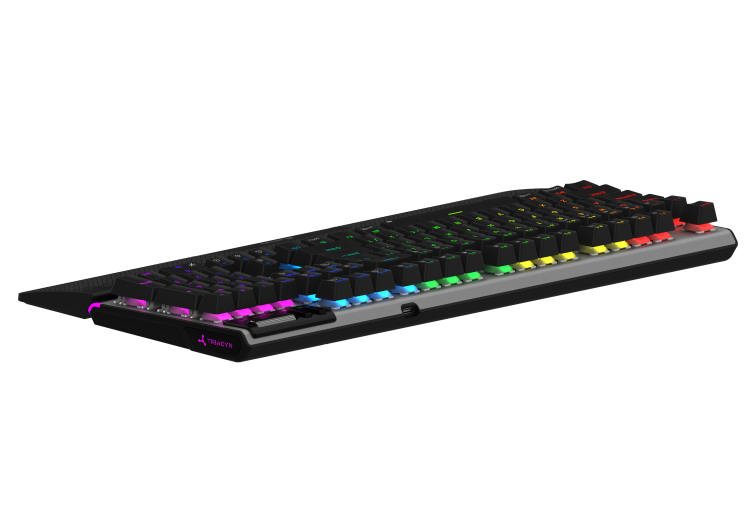 Czarna klawiatura z podświetleniem RGB i logo Triadyn z przodu.