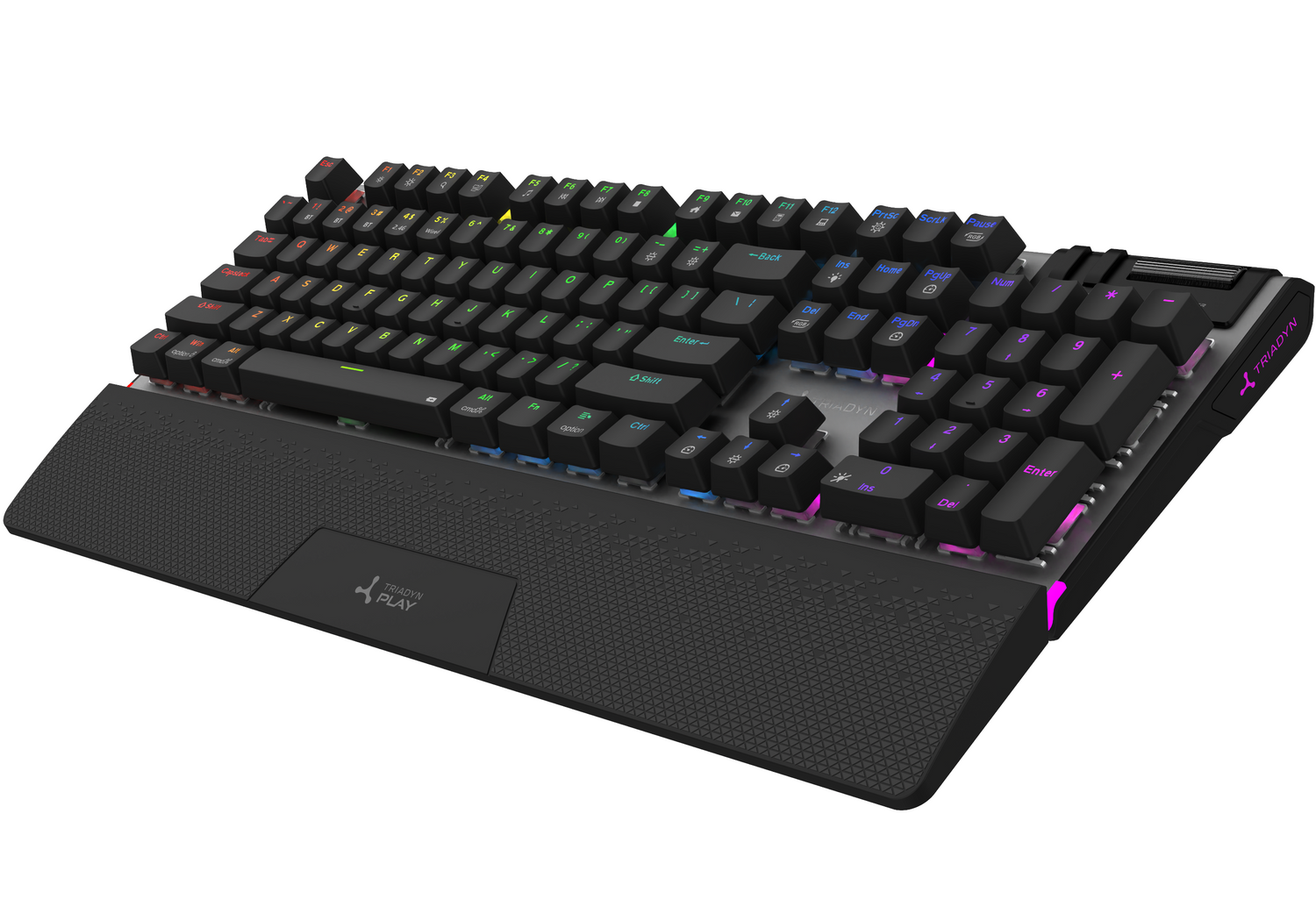 Czarna klawiatura z podświetleniem RGB i podpórką na nadgarstek.