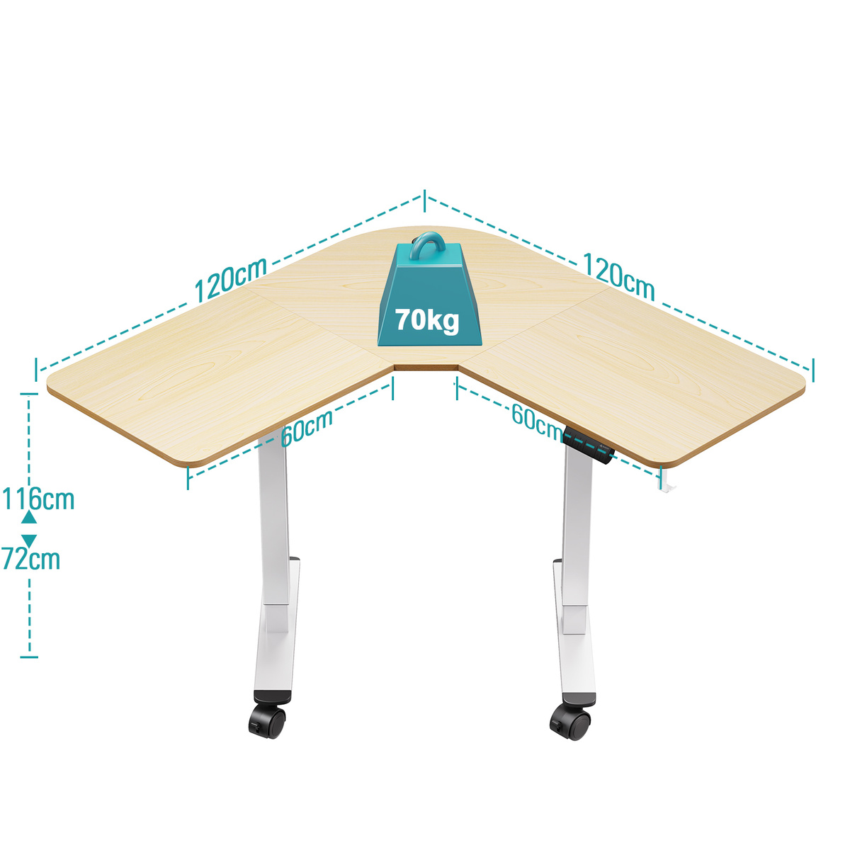 Biurko narożne w kształcie litery L z obciążeniem 70kg, wymiary 120x120cm. Regulowana wysokość.